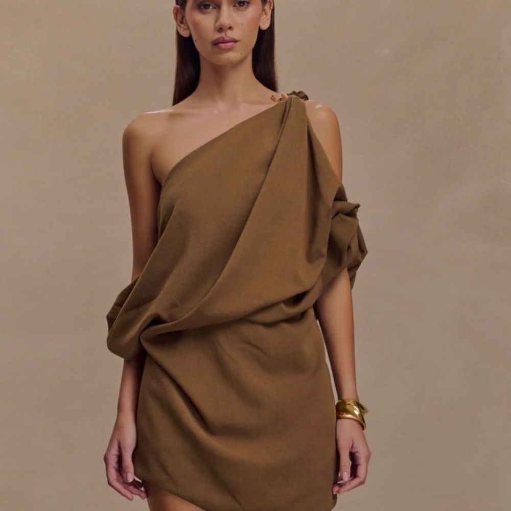Gabriella Draped Mini Dress - Light Brown Marle- Meshki - XL